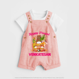Happy Pongal Temple Theme  | Personalized Kids Dungaree  - PEACH - 0 - 5 Months Old (Chest 18")