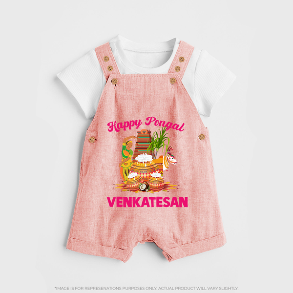 Happy Pongal Temple Theme  | Personalized Kids Dungaree  - PEACH - 0 - 5 Months Old (Chest 18")