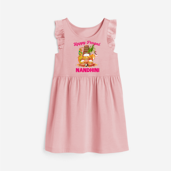 Happy Pongal Temple Theme  | Personalized Kids  frock   - BABY PINK - 1 - 2 Years Old (Chest 22" , Full Length 22")