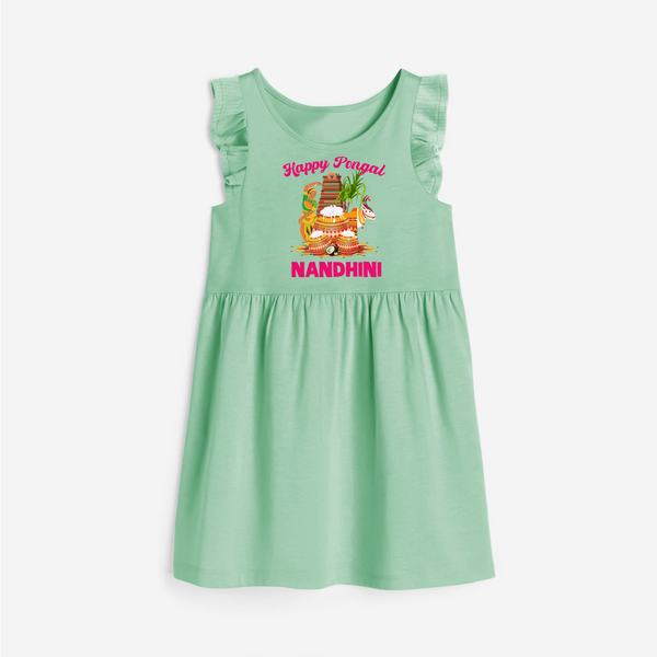 Happy Pongal Temple Theme  | Personalized Kids  frock   - MINT GREEN - 1 - 2 Years Old (Chest 22" , Full Length 22")