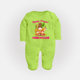 Happy Pongal Temple Theme  | Personalized Kids Fullbody Suit  - LIME GREEN - New Born (Chest 7.5")