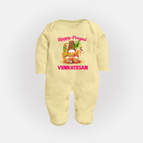 Happy Pongal Temple Theme  | Personalized Kids Fullbody Suit  - PASTEL YELLOW - New Born (Chest 7.5")