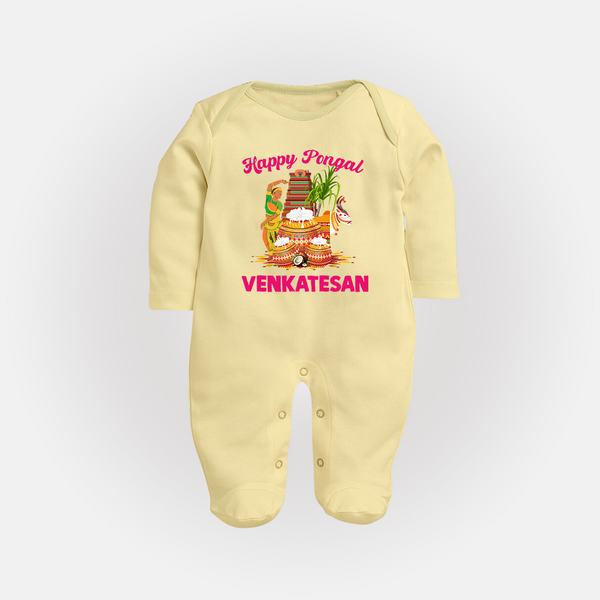 Happy Pongal Temple Theme  | Personalized Kids Fullbody Suit  - PASTEL YELLOW - New Born (Chest 7.5")