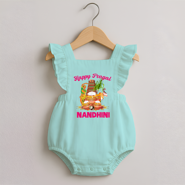 Happy Pongal Temple Theme  | Personalized Kids Romper frock   - MINT GREEN - 0 - 3 Months Old (Chest 19")