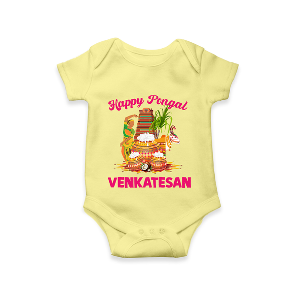 Happy Pongal Temple Theme  | Personalized Kids Romper  - PASTEL YELLOW - New Born (Chest 14")