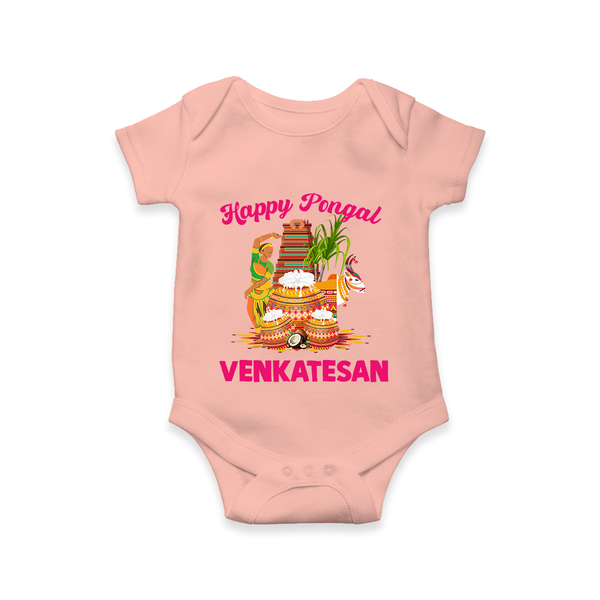 Happy Pongal Temple Theme  | Personalized Kids Romper  - PEACH - New Born (Chest 14")