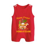 Happy Pongal Temple Theme  | Personalized Kids Romper Suit - RED - 0 - 5 Months Old (Chest 18")