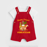 Happy Pongal Temple Theme  | Personalized Kids Dungaree  - RED - 0 - 5 Months Old (Chest 18")