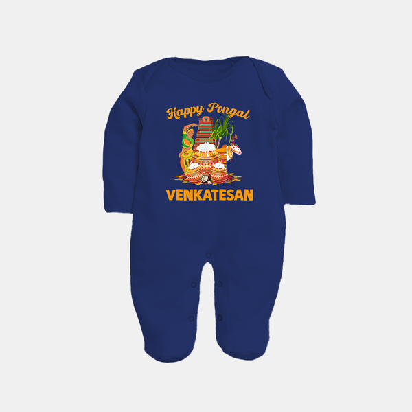 Happy Pongal Temple Theme  | Personalized Kids Fullbody Suit  - NAVY BLUE - New Born (Chest 7.5")