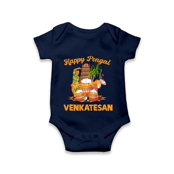 Happy Pongal Temple Theme  | Personalized Kids Romper  - NAVY BLUE - New Born (Chest 14")