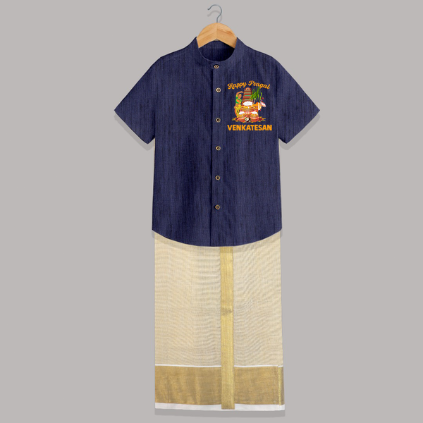 Happy Pongal Temple Theme  | Personalized Kids Shirt & Dhoti  - DARK BLUE - 0 - 6 Months Old (Chest-23") (Dhoti length-14")