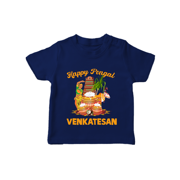 Happy Pongal Temple Theme  | Personalized Kids T-Shirt  - NAVY BLUE - 0-5 Months Old (Chest 17")