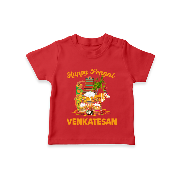 Happy Pongal Temple Theme  | Personalized Kids T-Shirt  - RED - 0-5 Months Old (Chest 17")