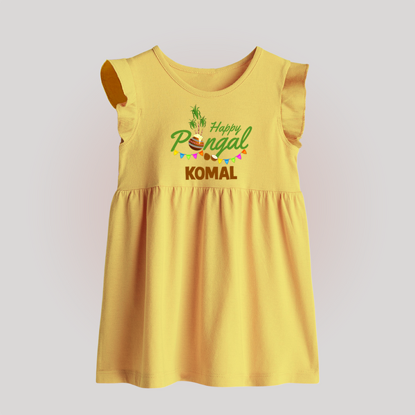 Festive Happy Pongal Typography | Personalized Kids Baby frock   - PASTEL YELLOW - 0 - 3 Months Old (Chest 17")