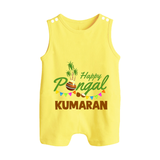 Festive Happy Pongal Typography | Personalized Kids Romper Suit  - PASTEL YELLOW - 0 - 5 Months Old (Chest 18")