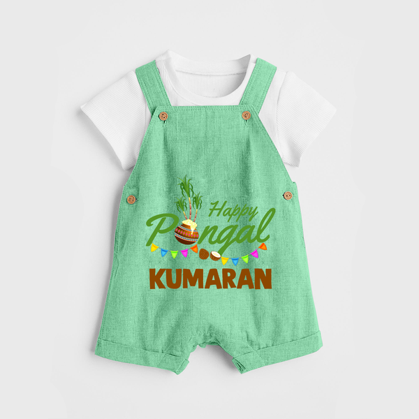 Festive Happy Pongal Typography | Personalized Kids Dungaree  - GREEN - 0 - 5 Months Old (Chest 18")
