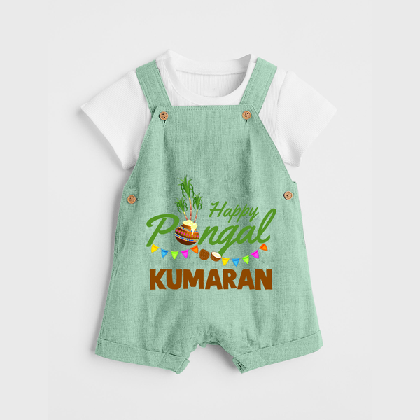 Festive Happy Pongal Typography | Personalized Kids Dungaree  - MINT GREEN - 0 - 5 Months Old (Chest 18")