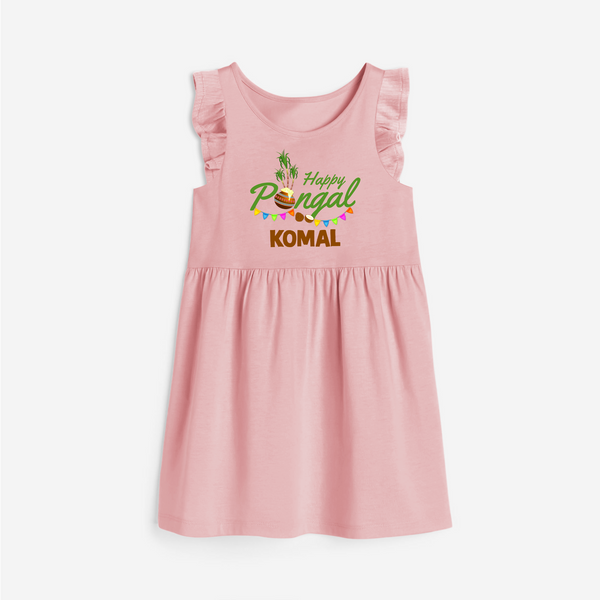 Festive Happy Pongal Typography | Personalized Kids  frock   - BABY PINK - 1 - 2 Years Old (Chest 22" , Full Length 22")