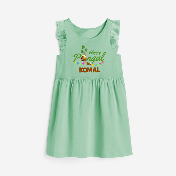 Festive Happy Pongal Typography | Personalized Kids  frock   - MINT GREEN - 1 - 2 Years Old (Chest 22" , Full Length 22")