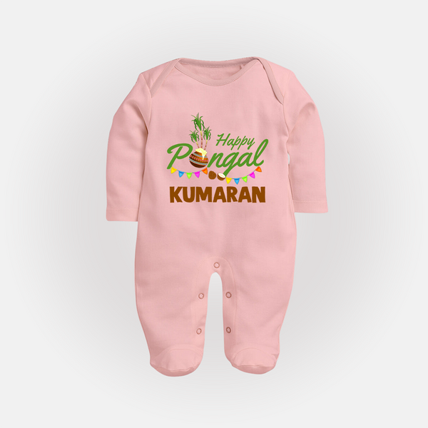 Festive Happy Pongal Typography | Personalized Kids Fullbody Suit  - BABY PINK - New Born (Chest 7.5")