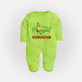Festive Happy Pongal Typography | Personalized Kids Fullbody Suit  - LIME GREEN - New Born (Chest 7.5")