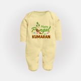 Festive Happy Pongal Typography | Personalized Kids Fullbody Suit  - PASTEL YELLOW - New Born (Chest 7.5")