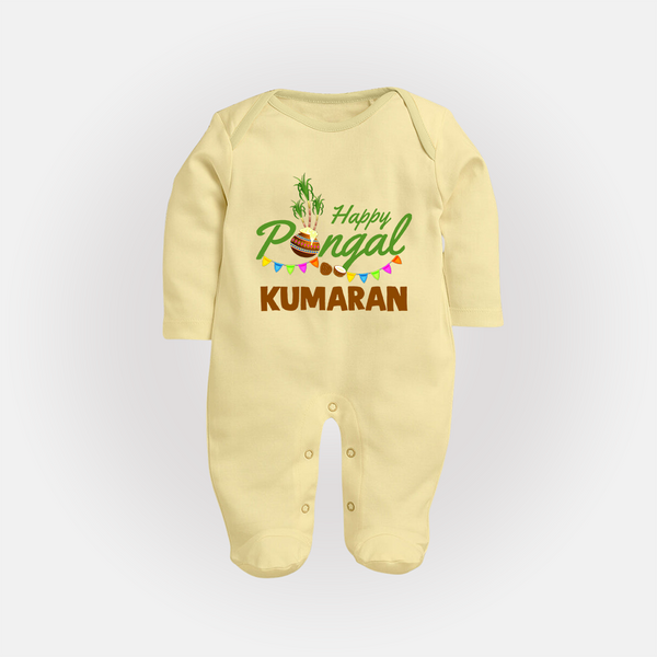 Festive Happy Pongal Typography | Personalized Kids Fullbody Suit  - PASTEL YELLOW - New Born (Chest 7.5")