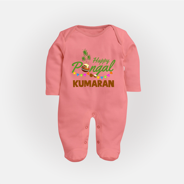 Festive Happy Pongal Typography | Personalized Kids Fullbody Suit  - PEACH - New Born (Chest 7.5")