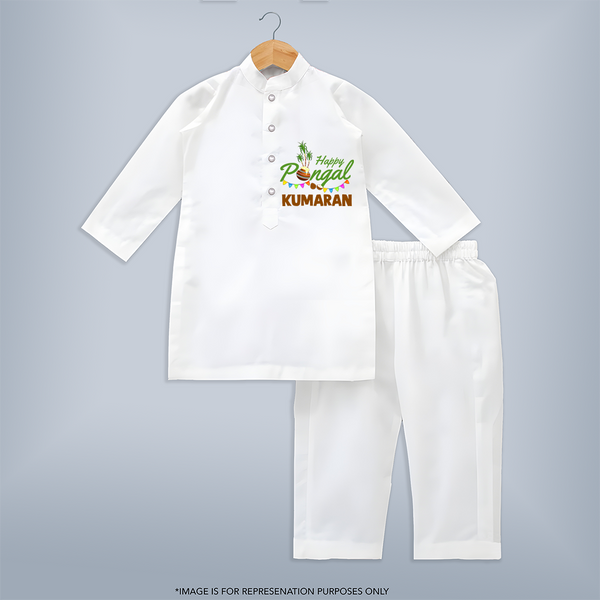 Festive Happy Pongal Typography | Personalized Kids Kurta   - WHITE - 3 - 6 Months Old (Chest 24", Kurta Length 14'', Waist 19", Pant Length 14")