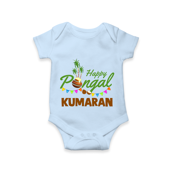 Festive Happy Pongal Typography | Personalized Kids Romper  - BABY BLUE - New Born (Chest 14")