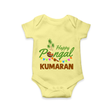 Festive Happy Pongal Typography | Personalized Kids Romper  - PASTEL YELLOW - New Born (Chest 14")
