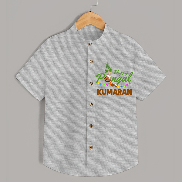 Festive Happy Pongal Typography | Personalized Kids Shirt  - GREY - 0 - 6 Months Old (Chest 23")