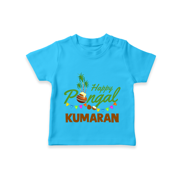 Festive Happy Pongal Typography | Personalized Kids T-Shirt  - SKY BLUE - 0-5 Months Old (Chest 17")