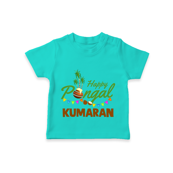 Festive Happy Pongal Typography | Personalized Kids T-Shirt  - TEAL - 0-5 Months Old (Chest 17")