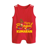 Festive Happy Pongal Typography | Personalized Kids Romper Suit  - RED - 0 - 5 Months Old (Chest 18")