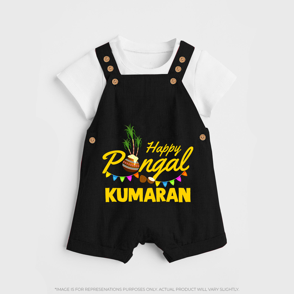 Festive Happy Pongal Typography | Personalized Kids Dungaree  - BLACK - 0 - 5 Months Old (Chest 18")