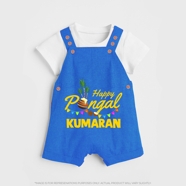 Festive Happy Pongal Typography | Personalized Kids Dungaree  - COBALT BLUE - 0 - 5 Months Old (Chest 18")