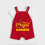Festive Happy Pongal Typography | Personalized Kids Dungaree  - RED - 0 - 5 Months Old (Chest 18")