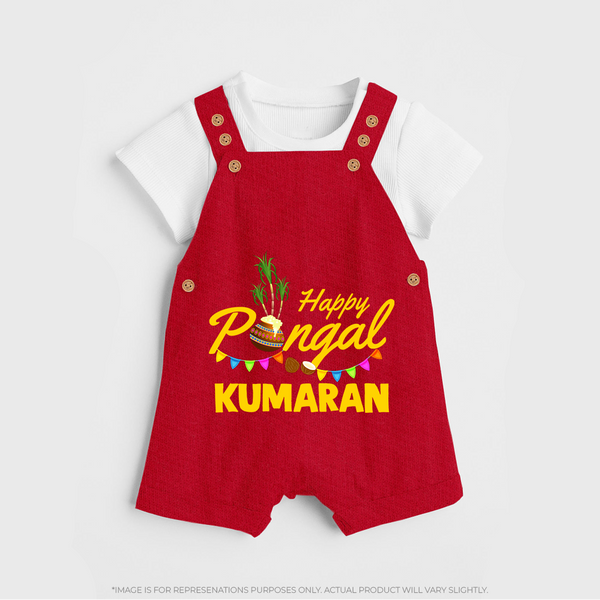 Festive Happy Pongal Typography | Personalized Kids Dungaree  - RED - 0 - 5 Months Old (Chest 18")