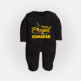 Festive Happy Pongal Typography | Personalized Kids Fullbody Suit  - BLACK - New Born (Chest 7.5")