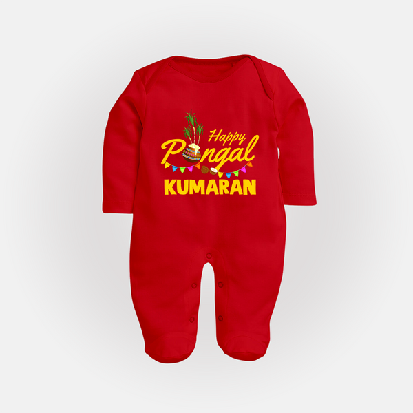 Festive Happy Pongal Typography | Personalized Kids Fullbody Suit  - RED - New Born (Chest 7.5")