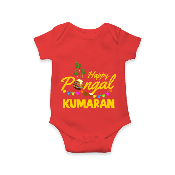 Festive Happy Pongal Typography | Personalized Kids Romper  - RED - New Born (Chest 14")