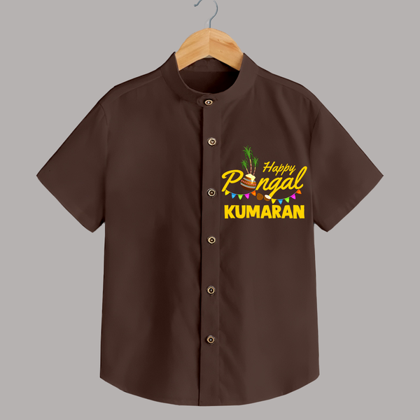 Festive Happy Pongal Typography | Personalized Kids Shirt  - CHOCOLATE BROWN - 0 - 6 Months Old (Chest 23")