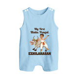 My First Mattu Pongal – Kid & Cow | Customized Romper Suit for baby - BABY BLUE - 0 - 5 Months Old (Chest 18")