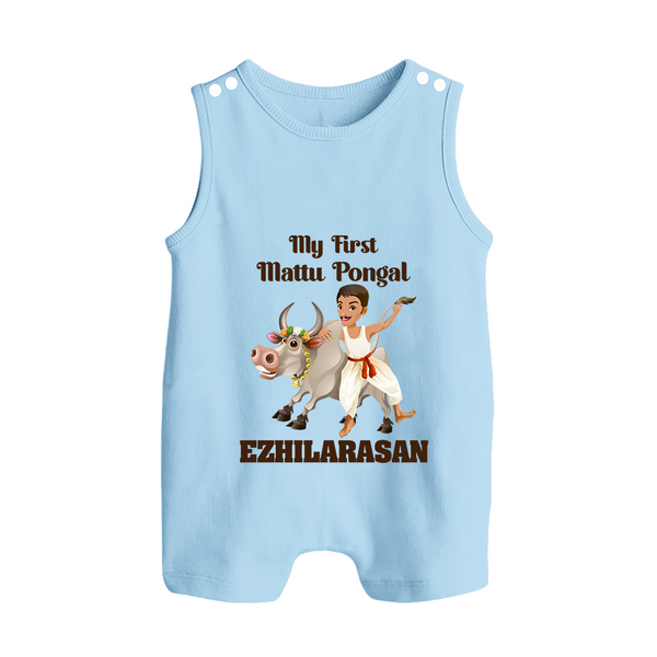 My First Mattu Pongal – Kid & Cow | Customized Romper Suit for baby - BABY BLUE - 0 - 5 Months Old (Chest 18")