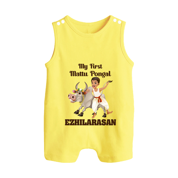 My First Mattu Pongal – Kid & Cow | Customized Romper Suit for baby - PASTEL YELLOW - 0 - 5 Months Old (Chest 18")