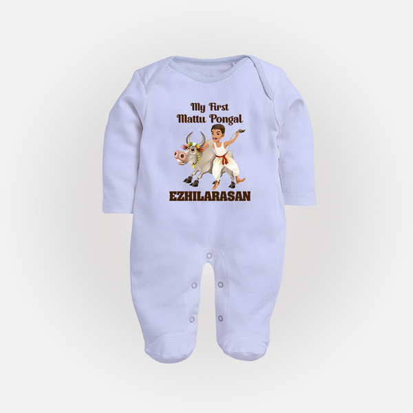 My First Mattu Pongal – Kid & Cow | Customized Fullbody Suit for baby - BABY BLUE - New Born (Chest 7.5")