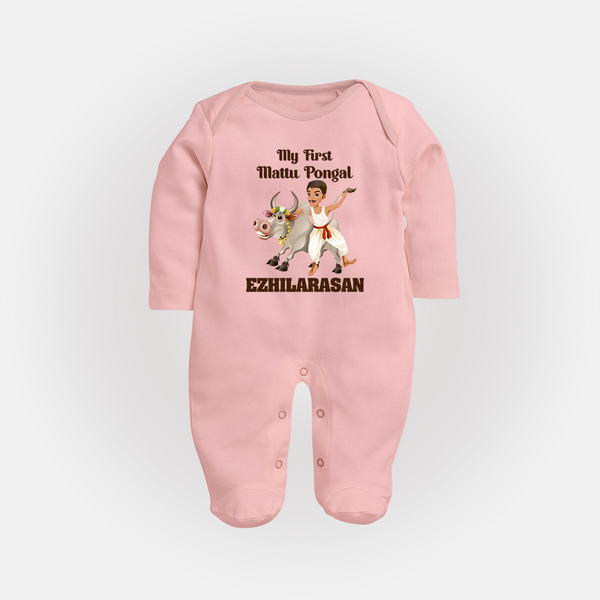 My First Mattu Pongal – Kid & Cow | Customized Fullbody Suit for baby - BABY PINK - New Born (Chest 7.5")