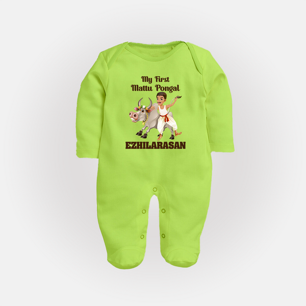 My First Mattu Pongal – Kid & Cow | Customized Fullbody Suit for baby - LIME GREEN - New Born (Chest 7.5")