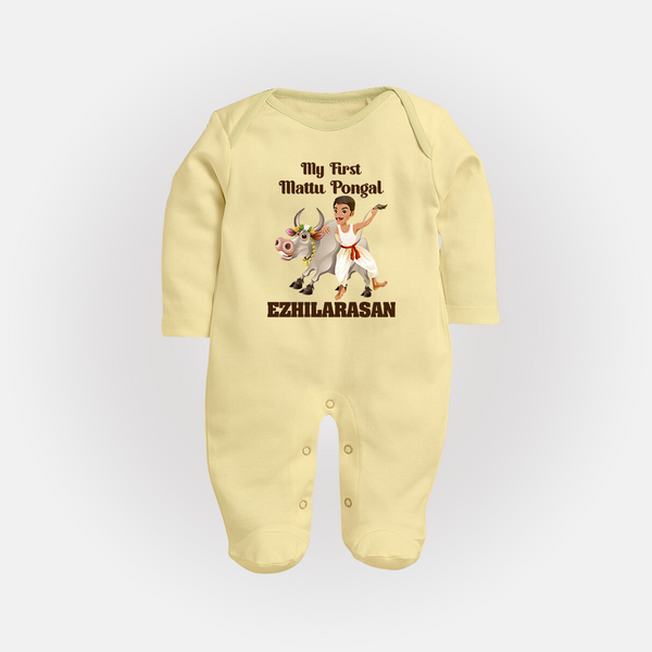 My First Mattu Pongal – Kid & Cow | Customized Fullbody Suit for baby - PASTEL YELLOW - New Born (Chest 7.5")